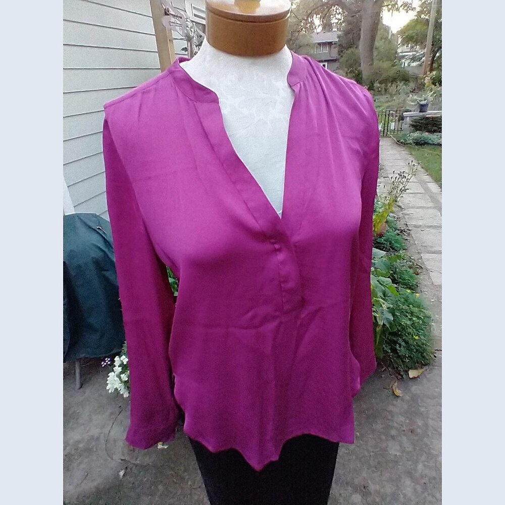 Blouse: Silk, fuchsia, split-neck, long sleeve. Size 10 - by Vince